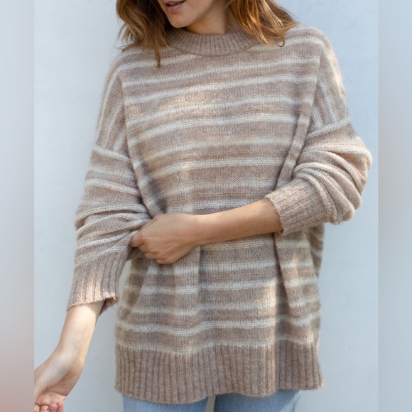 NEW Jenni Kayne Cocoon Crew Neck Sweater in Sand  Stripe Beige | size XL - Picture 2 of 10